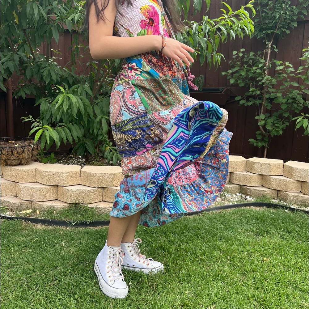 Smocked Ruched Patchwork Boho Dress Skirt - Picture 11 of 17